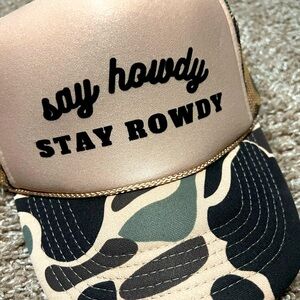 Camo stay rowdy trucker hat